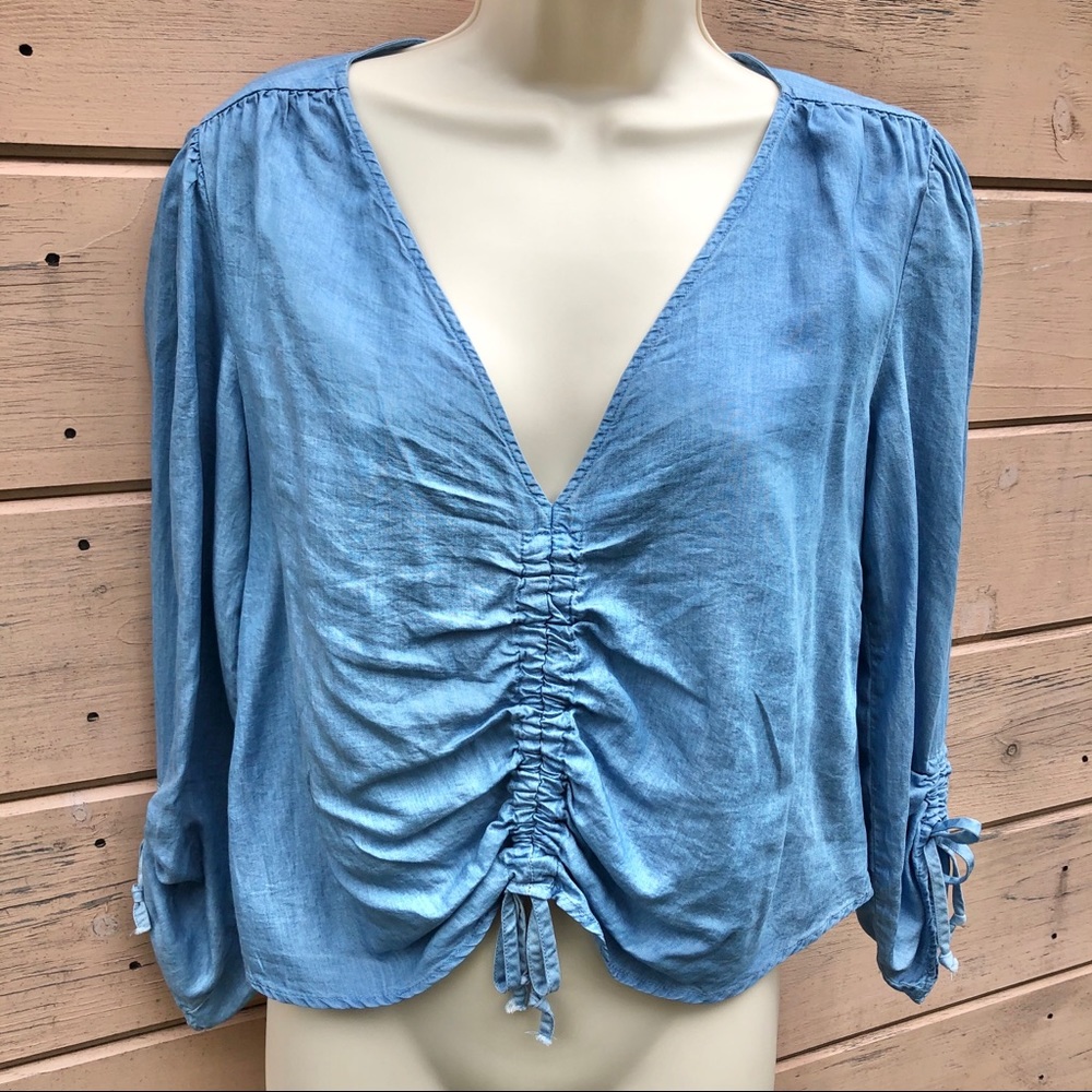 Zara Chambray Blue Gathered Front Crop Small